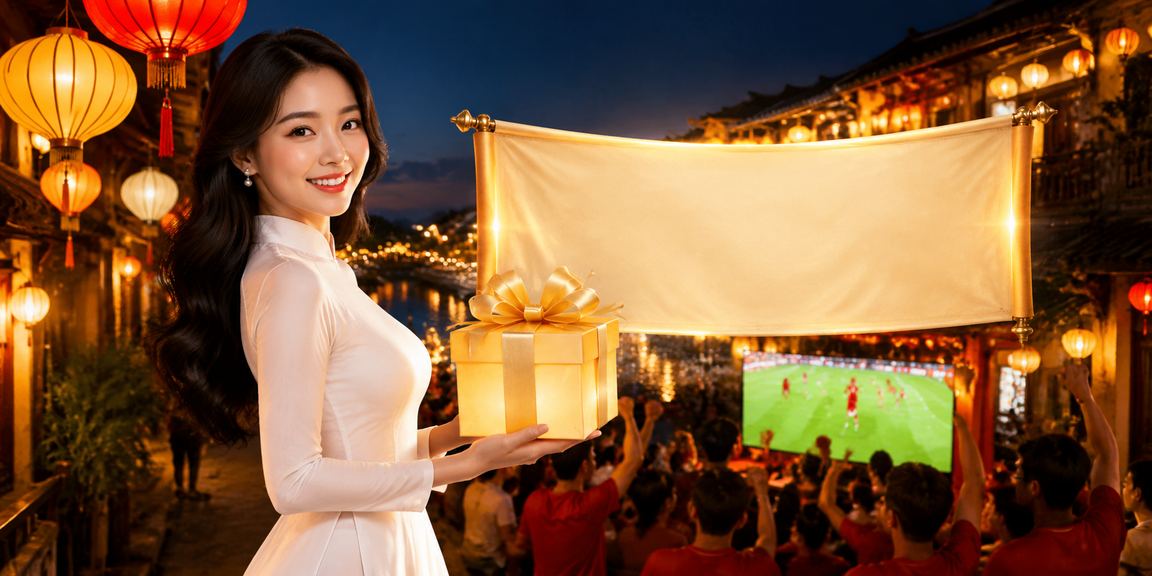 Người mặc áo dài tại Hội An cầm điện thoại với giao diện ứng dụng cá cược casino hiện đại