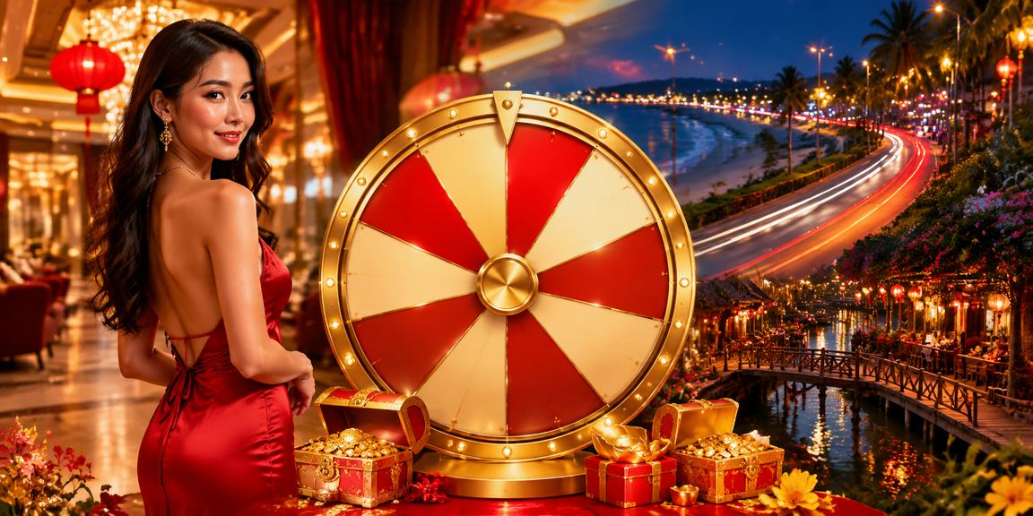 Bãi biển Mũi Né với màn hình điện thoại hiển thị vòng quay may mắn và giao diện casino ngoài trời
