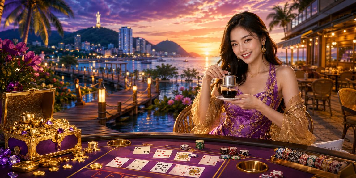 Bàn baccarat tại Vũng Tàu bên ly cà phê Việt Nam gợi không khí giải trí trực tuyến